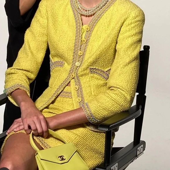 Sold! Vintage Chanel 1994 yellow scoubidou trim jacket and skirt suit - Picture 3 of 17
